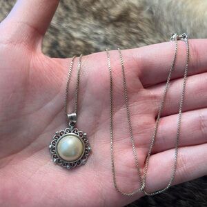 Sterling silver faux pearl filigree pendant necklace